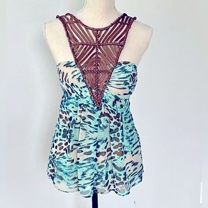 Boston Proper Satin Beaded Turquoise Blue Green Leopard High Neck Tank Top